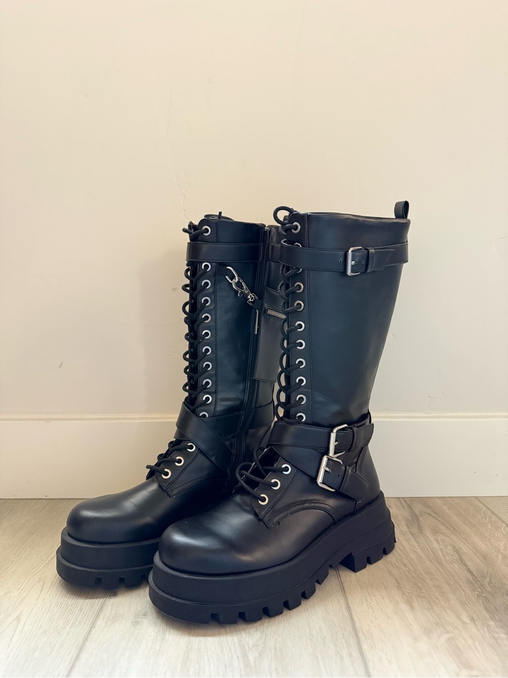 Zara Black Lace-Up Platform Combat Boots with Buckle Straps